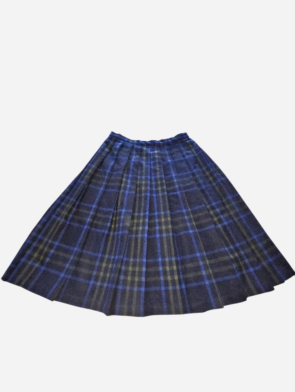 Wool plaid midi pleated skirt blue green black retro academia size 18 M